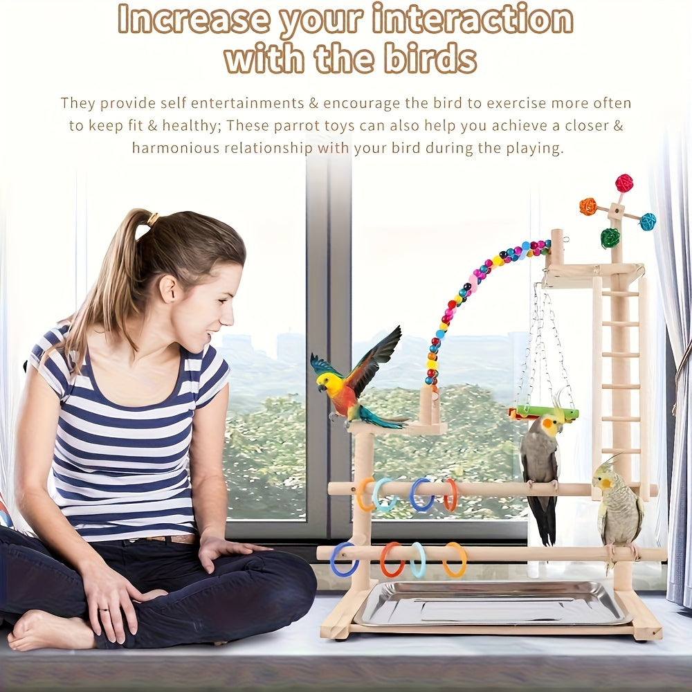Wooden Bird Play Stand with Ladder, Swing, Bridge & Feeding Tray