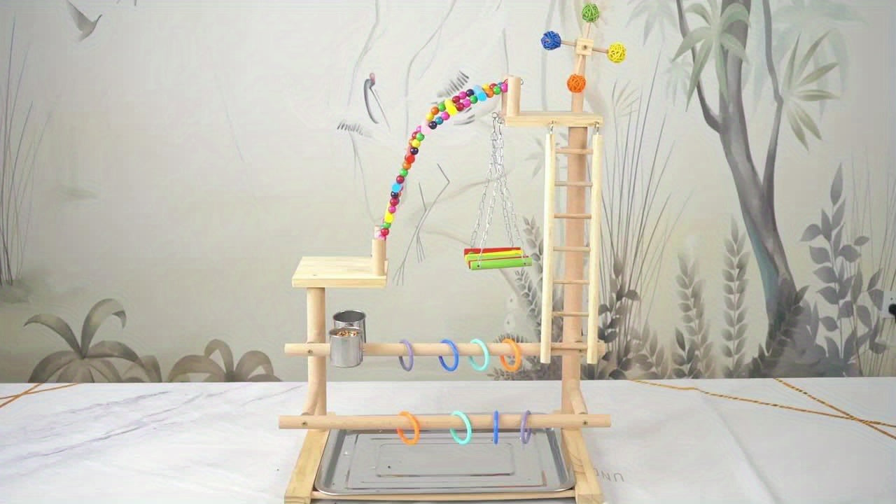 Wooden Bird Play Stand with Ladder, Swing, Bridge & Feeding Tray