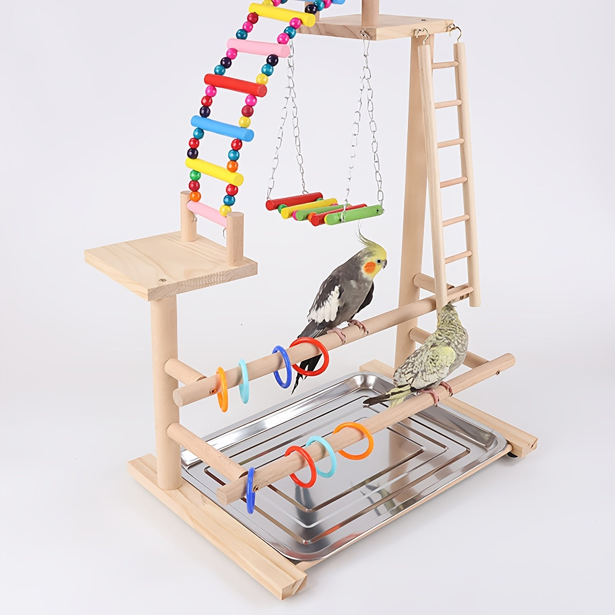 Wooden Bird Play Stand with Ladder, Swing, Bridge & Feeding Tray