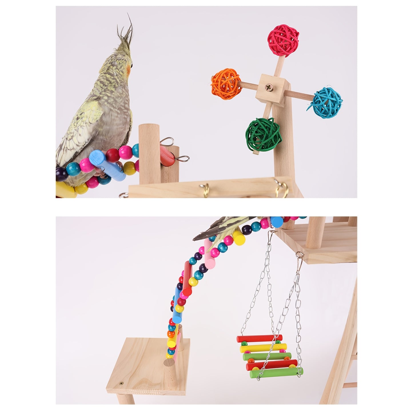 Wooden Bird Play Stand with Ladder, Swing, Bridge & Feeding Tray