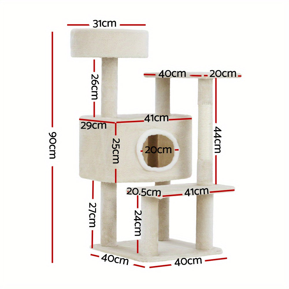 90cm Multi-Level Cat Tree Tower with Hideout and Perch – Beige
