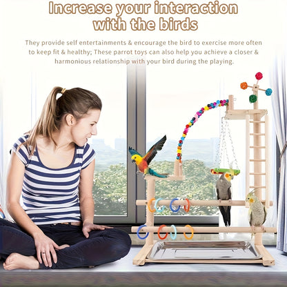 Wooden Bird Play Stand with Ladder, Swing, Bridge & Feeding Tray