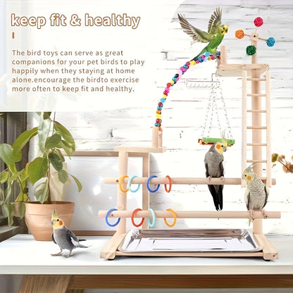 Wooden Bird Play Stand with Ladder, Swing, Bridge & Feeding Tray