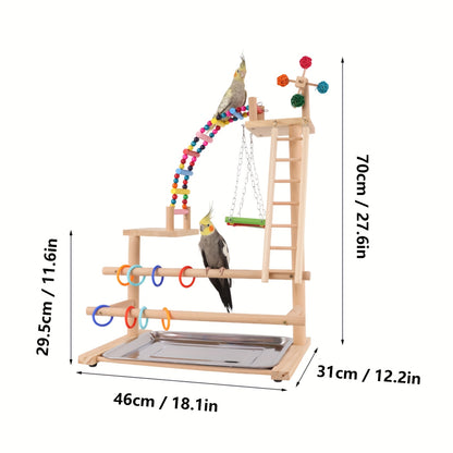 Wooden Bird Play Stand with Ladder, Swing, Bridge & Feeding Tray