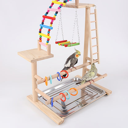 Wooden Bird Play Stand with Ladder, Swing, Bridge & Feeding Tray