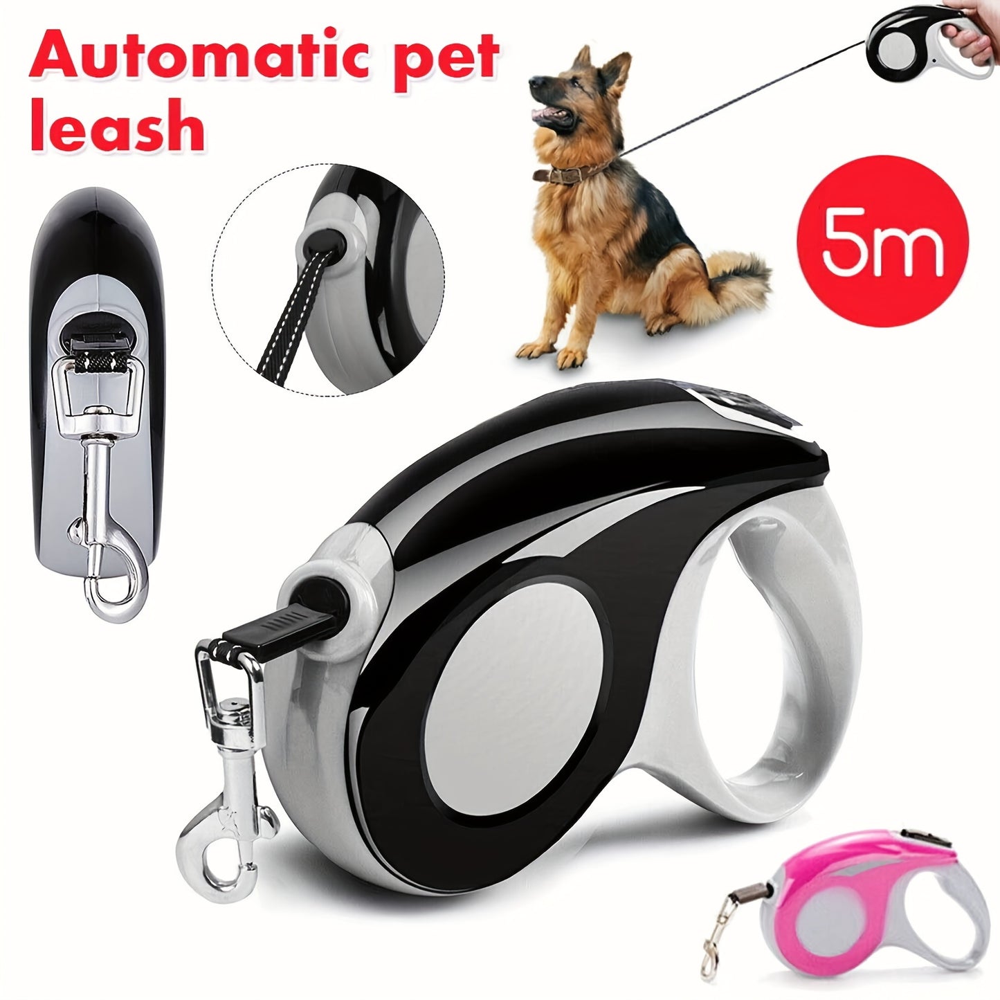 5M Retractable Dog Leash – Tangle-Free with Locking Brake System