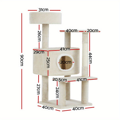 90cm Multi-Level Cat Tree Tower with Hideout and Perch – Beige