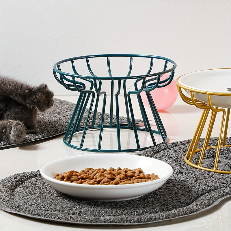 Elevated Ceramic Cat Bowl with Metal Stand