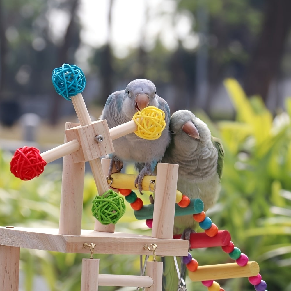 Wooden Bird Play Stand with Ladder, Swing, Bridge & Feeding Tray