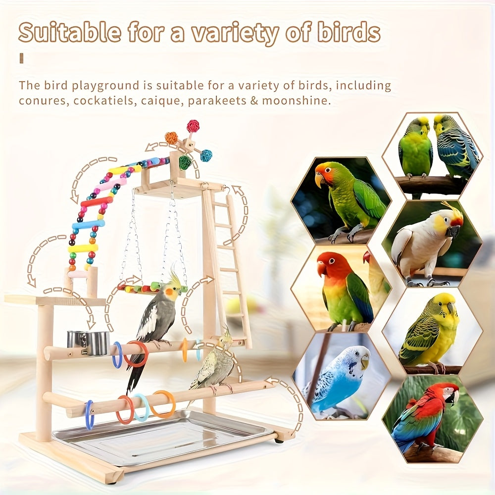 Wooden Bird Play Stand with Ladder, Swing, Bridge & Feeding Tray