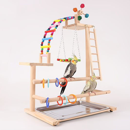 Wooden Bird Play Stand with Ladder, Swing, Bridge & Feeding Tray