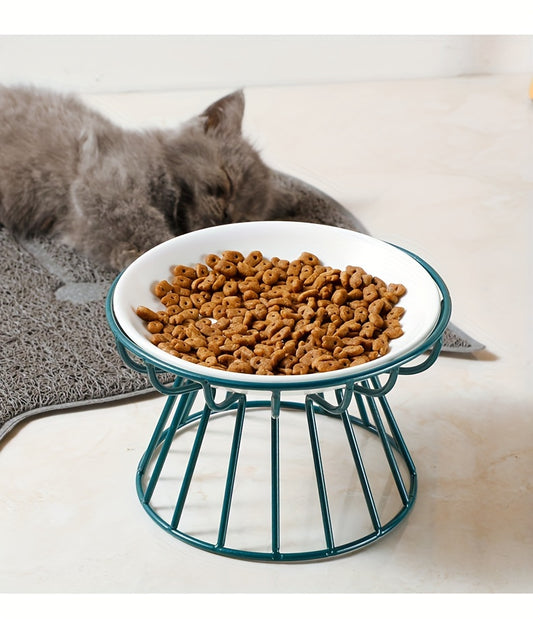 Elevated Ceramic Cat Bowl with Metal Stand
