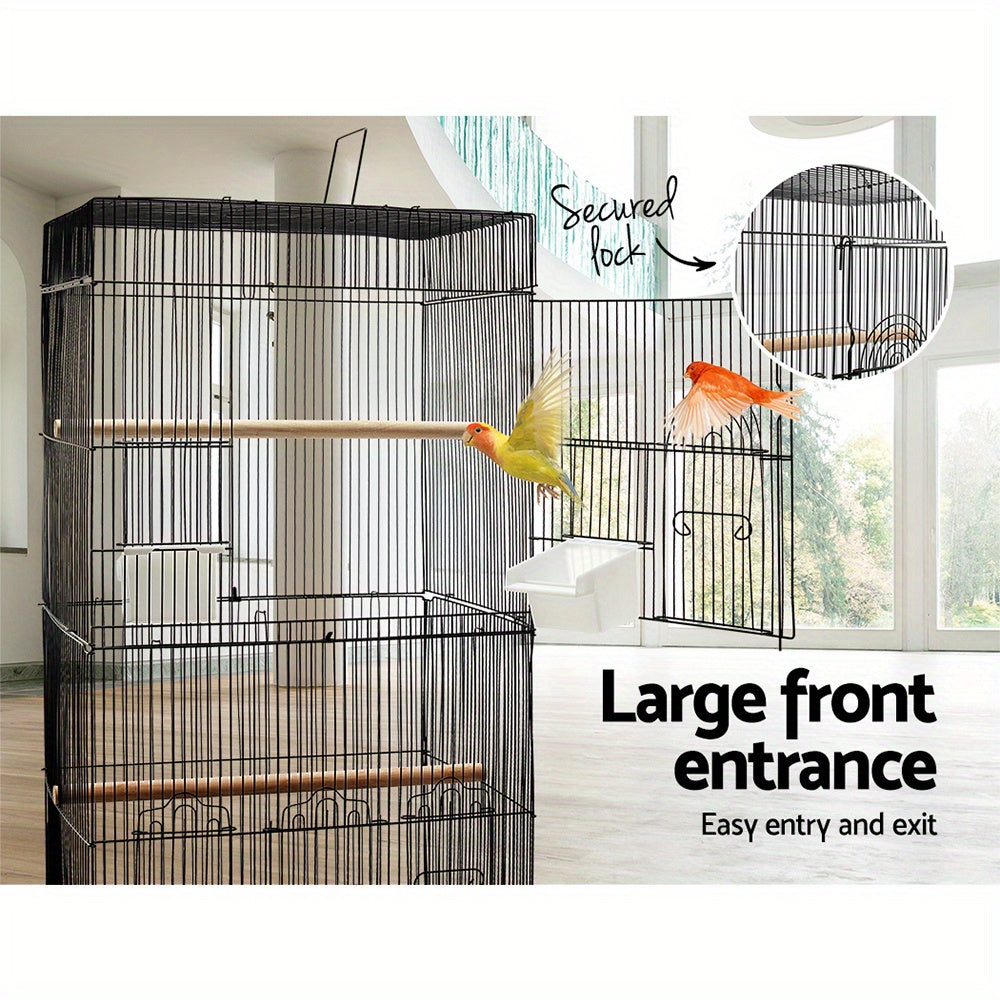 Tall Black Wrought Iron Birdcage – 88cm with Perches and Feeders