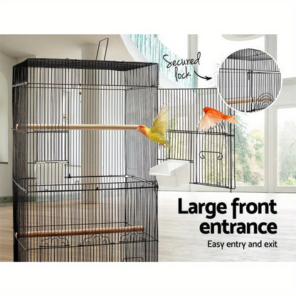 Tall Black Wrought Iron Birdcage – 88cm with Perches and Feeders