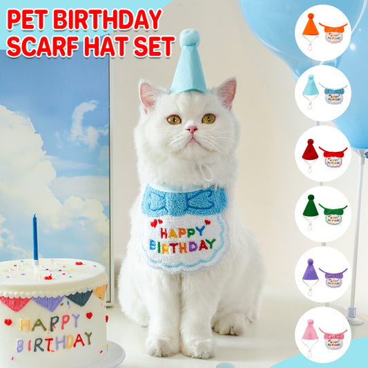 Cat Birthday Outfit – Party Hat & “Happy Birthday” Bib Set