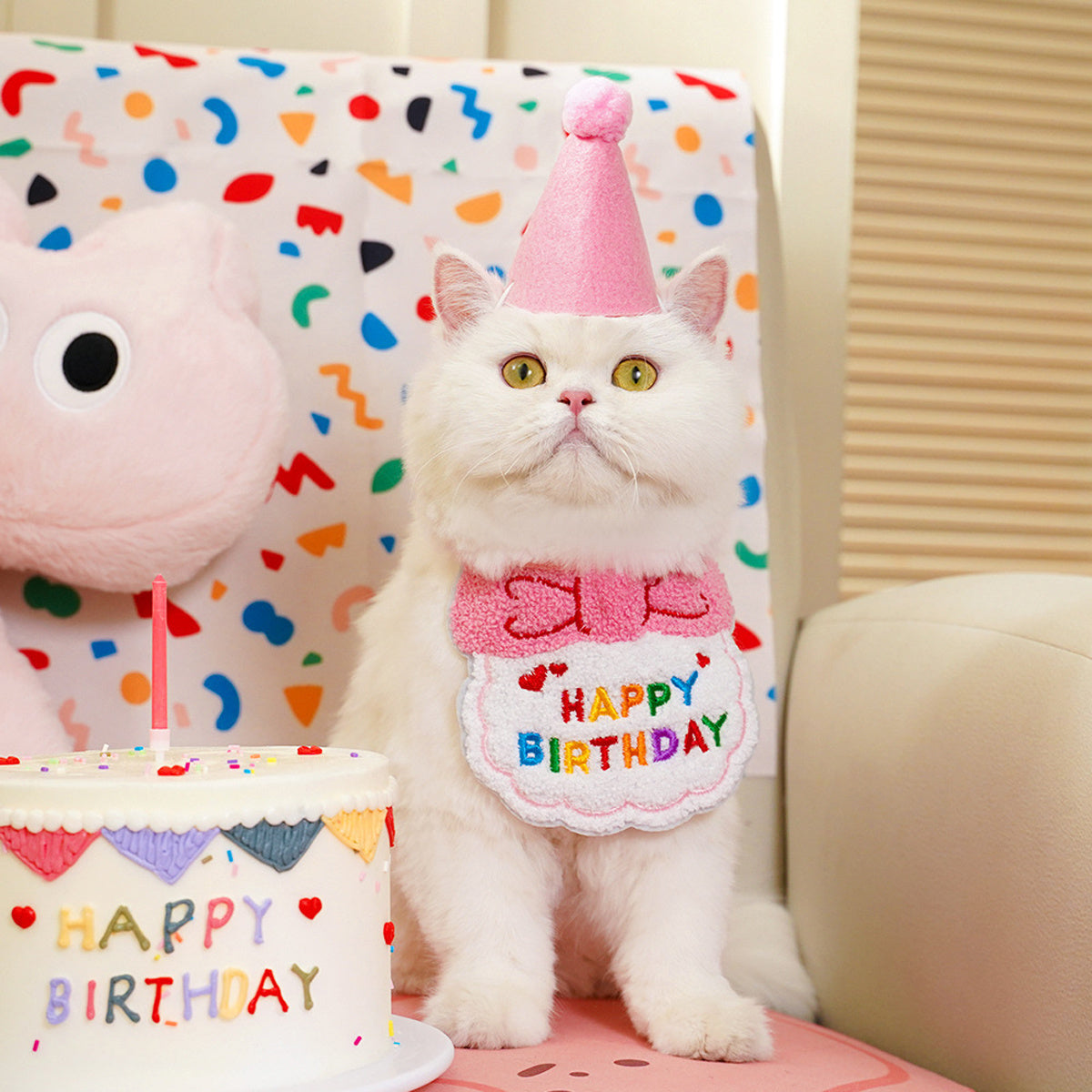 Cat Birthday Outfit – Party Hat & “Happy Birthday” Bib Set