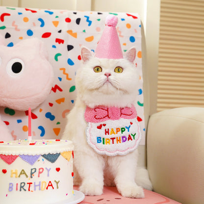 Cat Birthday Outfit – Party Hat & “Happy Birthday” Bib Set
