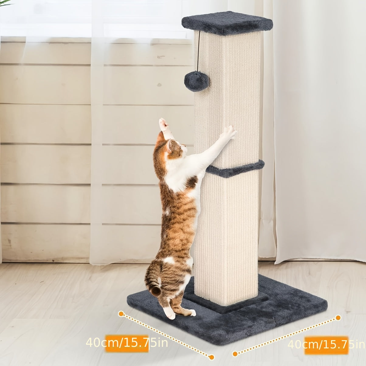 Tall Sisal Cat Scratching Post with Plush Base & Hanging Ball – 40cm Base