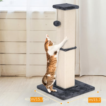 Tall Sisal Cat Scratching Post with Plush Base & Hanging Ball – 40cm Base