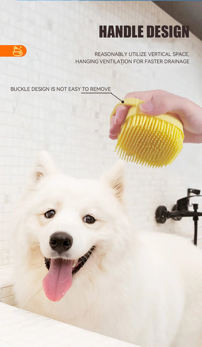 Pet Bathing Brush with Shampoo Dispenser – Soft Silicone Scrubber
