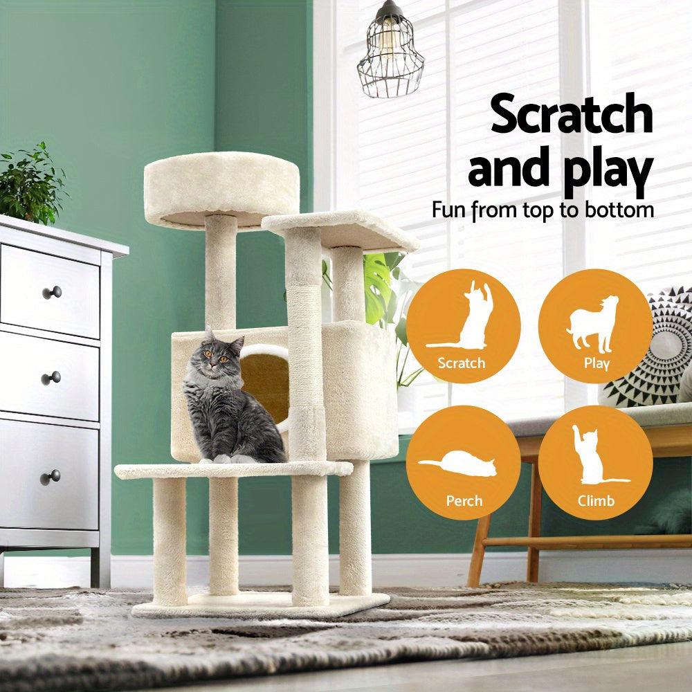 90cm Multi-Level Cat Tree Tower with Hideout and Perch – Beige