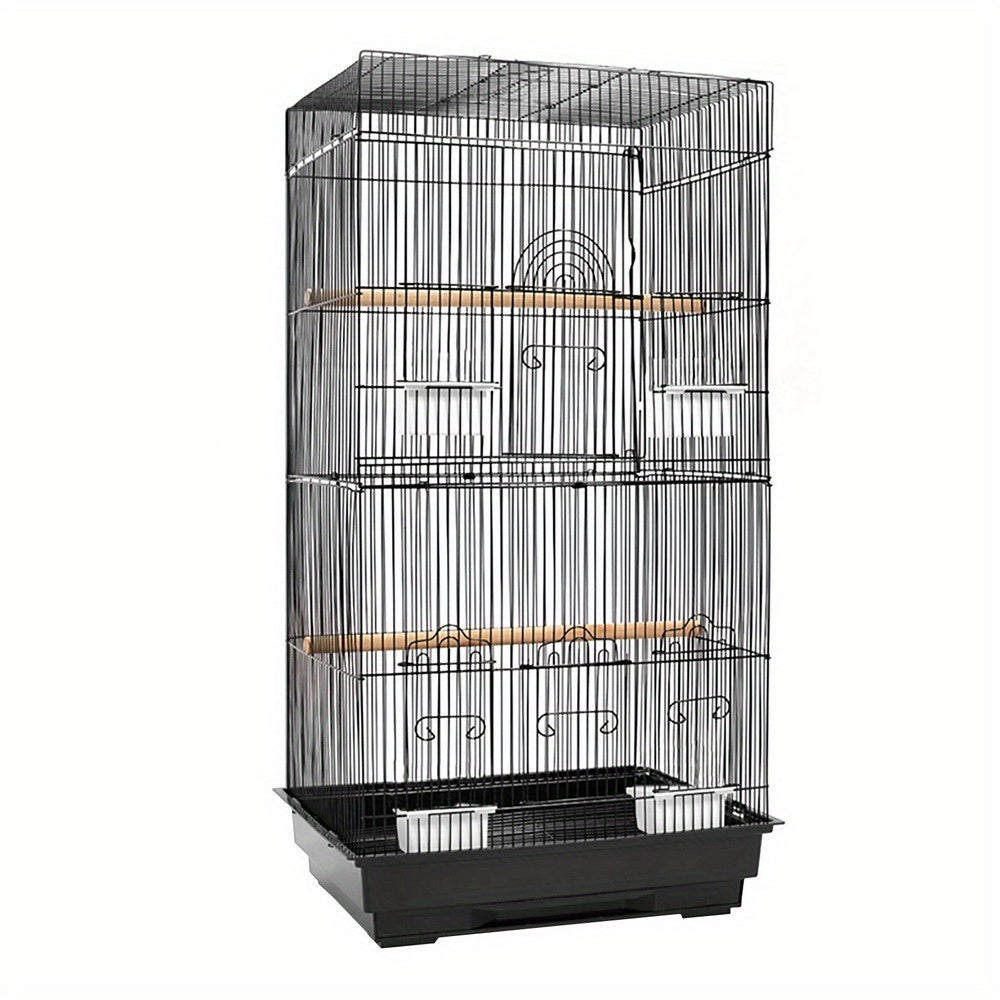 Tall Black Wrought Iron Birdcage – 88cm with Perches and Feeders