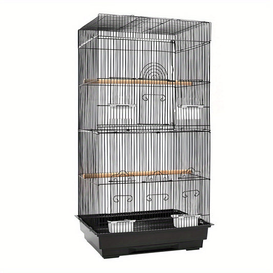 Tall Black Wrought Iron Birdcage – 88cm with Perches and Feeders