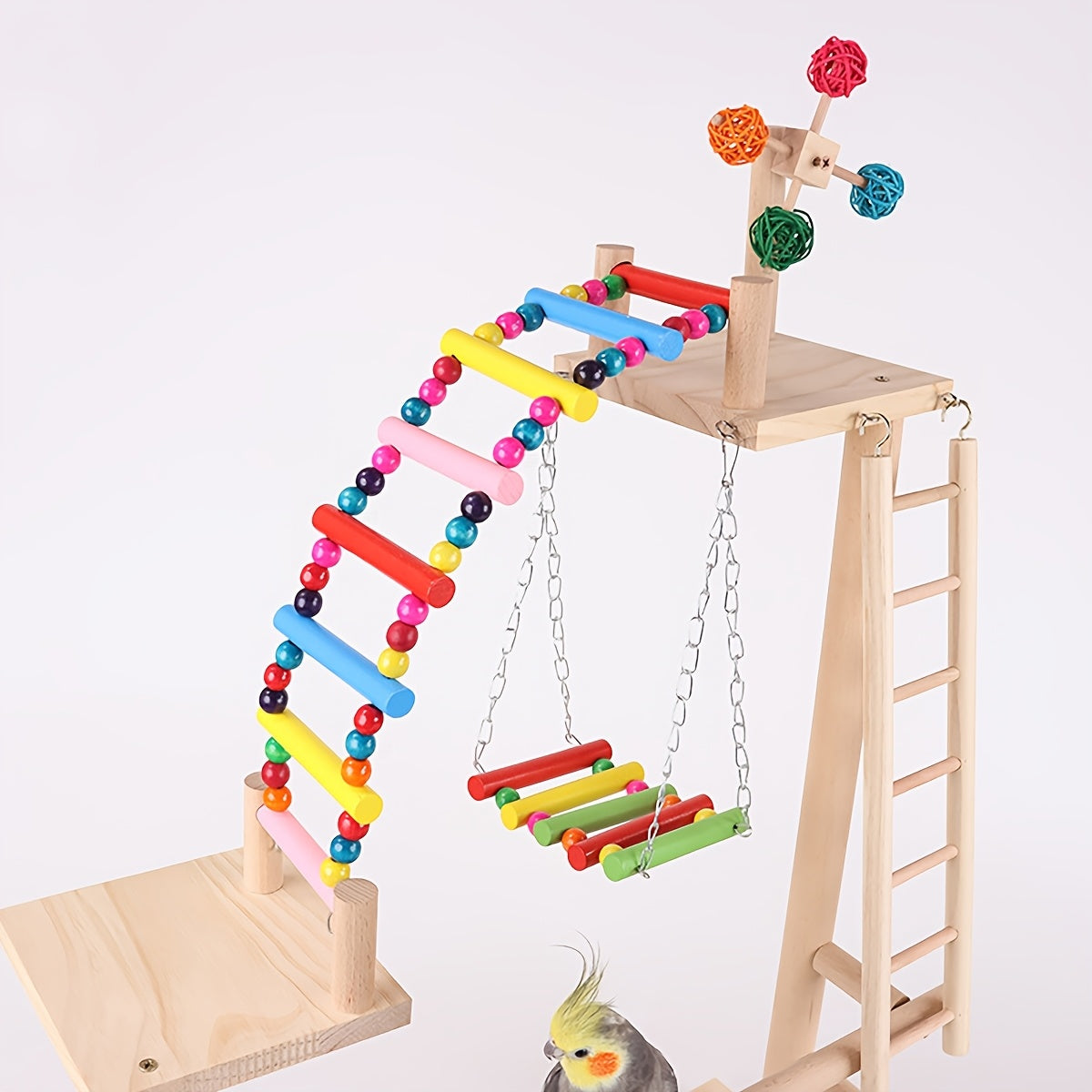 Wooden Bird Play Stand with Ladder, Swing, Bridge & Feeding Tray