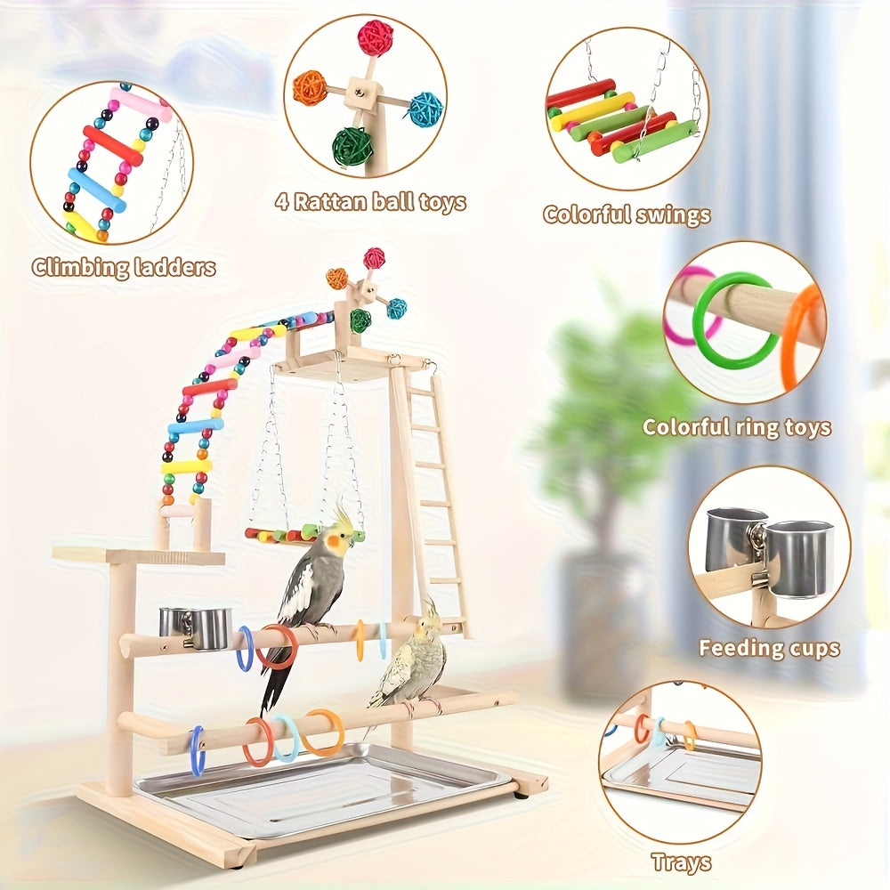 Wooden Bird Play Stand with Ladder, Swing, Bridge & Feeding Tray
