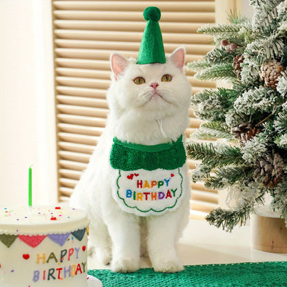 Cat Birthday Outfit – Party Hat & “Happy Birthday” Bib Set