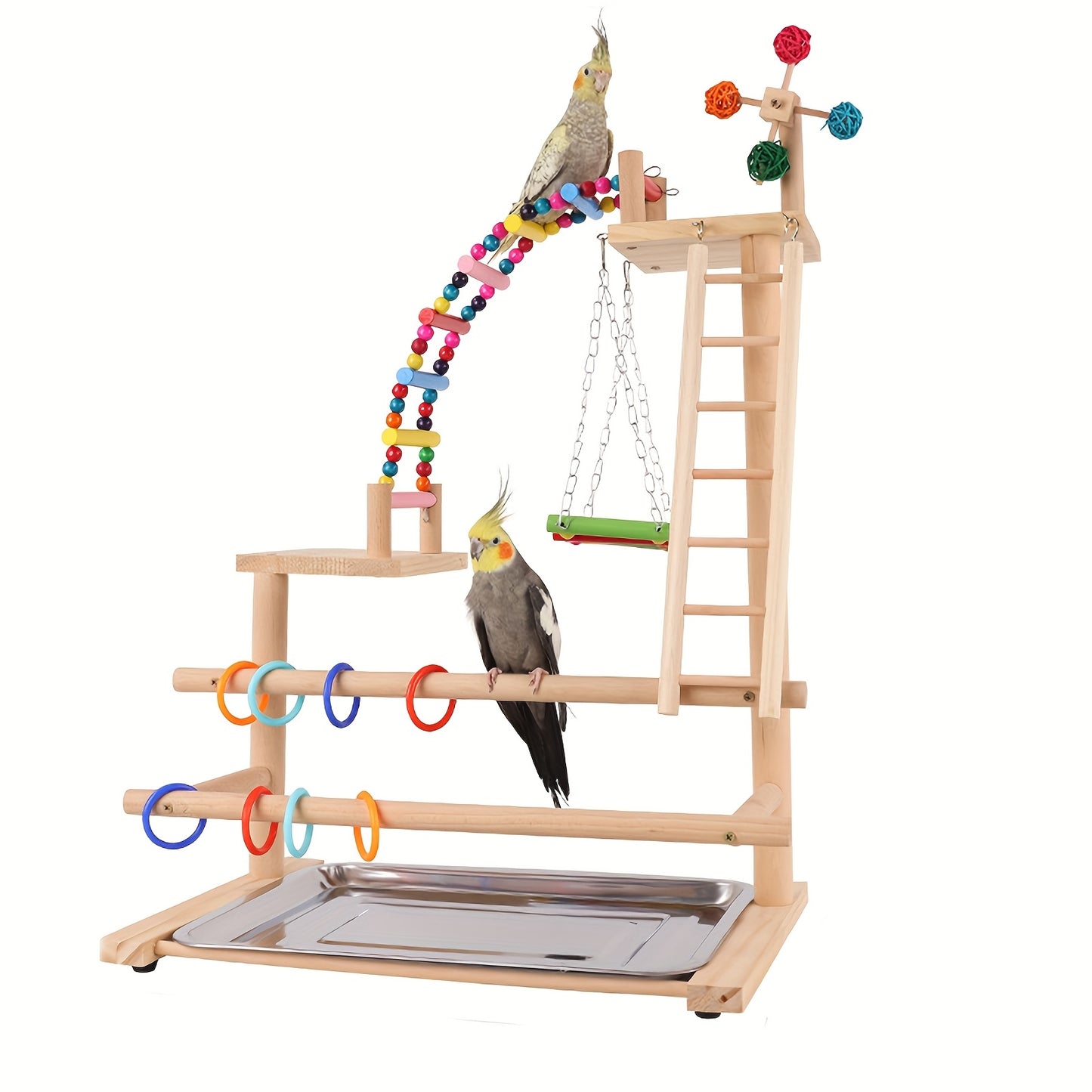 Wooden Bird Play Stand with Ladder, Swing, Bridge & Feeding Tray